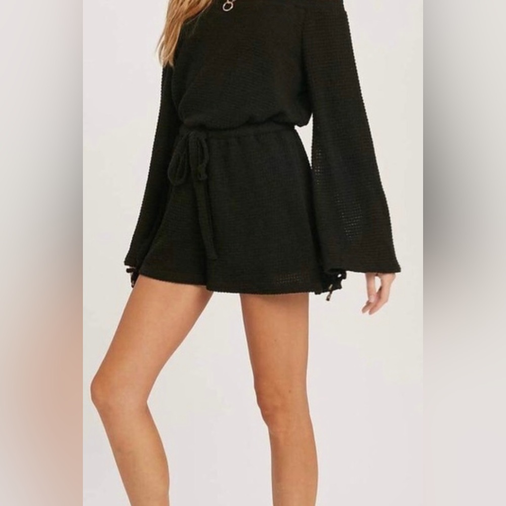 Blue ivy Long sleeve black 2 layer off the shoulder waffle romper